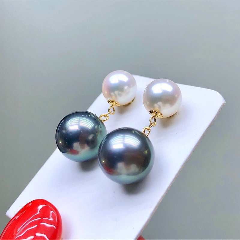 【WhiteKuo】18k natural seawater akoya pearl Tahitian pearl ear needle - Earrings & Clip-ons - Pearl Black