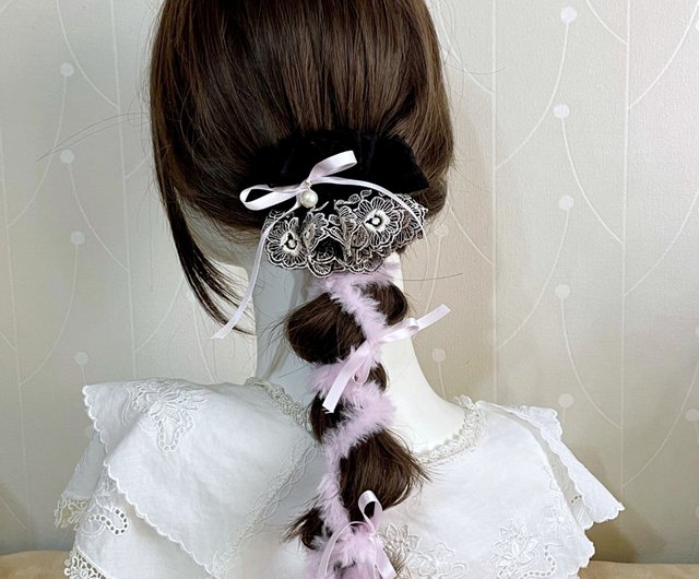 刺繍レースフリルヘアクリップ / ポニーテールクリップ 編み込みヘア