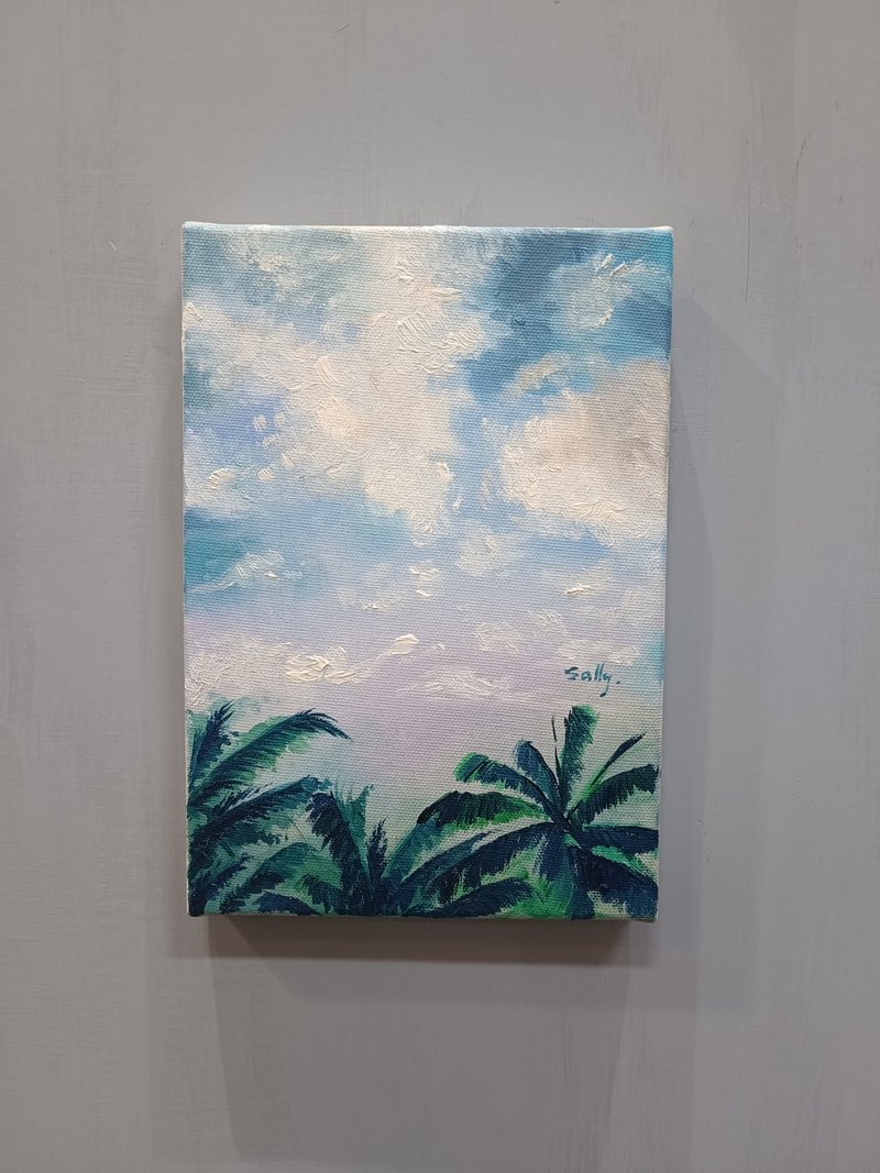 白雲椰子樹-油畫作品 展示品 教案樣本 換季出清 海洋油畫 - 海報/掛畫/掛布 - 顏料 