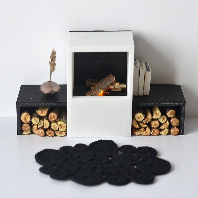 Miniature Dollhouse fireplace for dolls LED Wood Rack Modern style 1/12 Scale - 玩偶/公仔 - 塑膠 白色