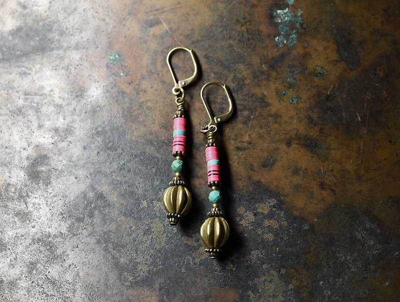 Peach vinyl and Sulawesi old brass, turquoise earrings