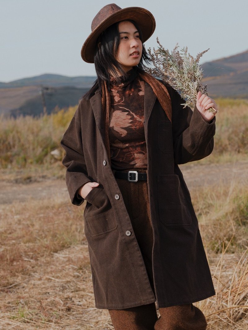 Chestnut-brown kendo cotton plant-dyed jacket workwear lapel trench coat - เสื้อแจ็คเก็ต - ผ้าฝ้าย/ผ้าลินิน สีนำ้ตาล