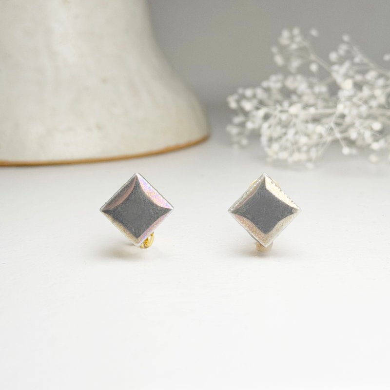 Minoyaki Tile Earrings or Clip-on Earrings - Pearl Gray with Dimensional Square - Earrings & Clip-ons - Pottery Gray