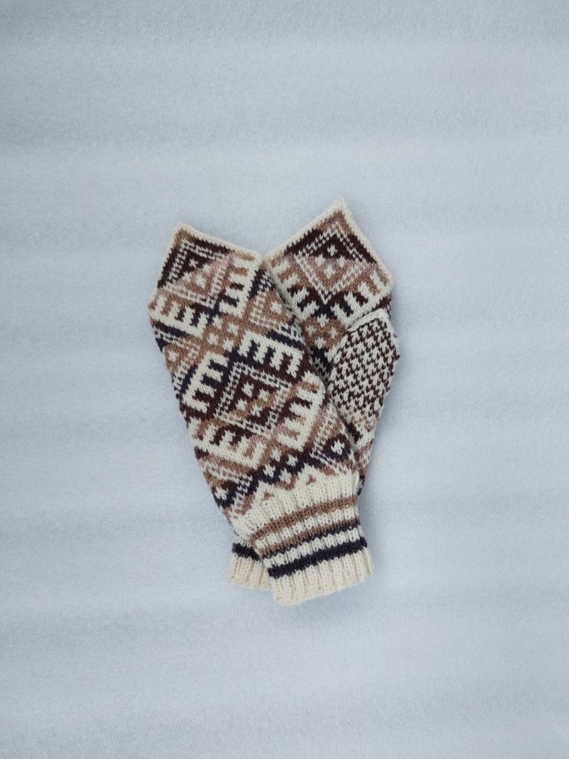 Women's hand-knitted wool mittens are very warm with a pattern - 手套 - 羊毛 咖啡色