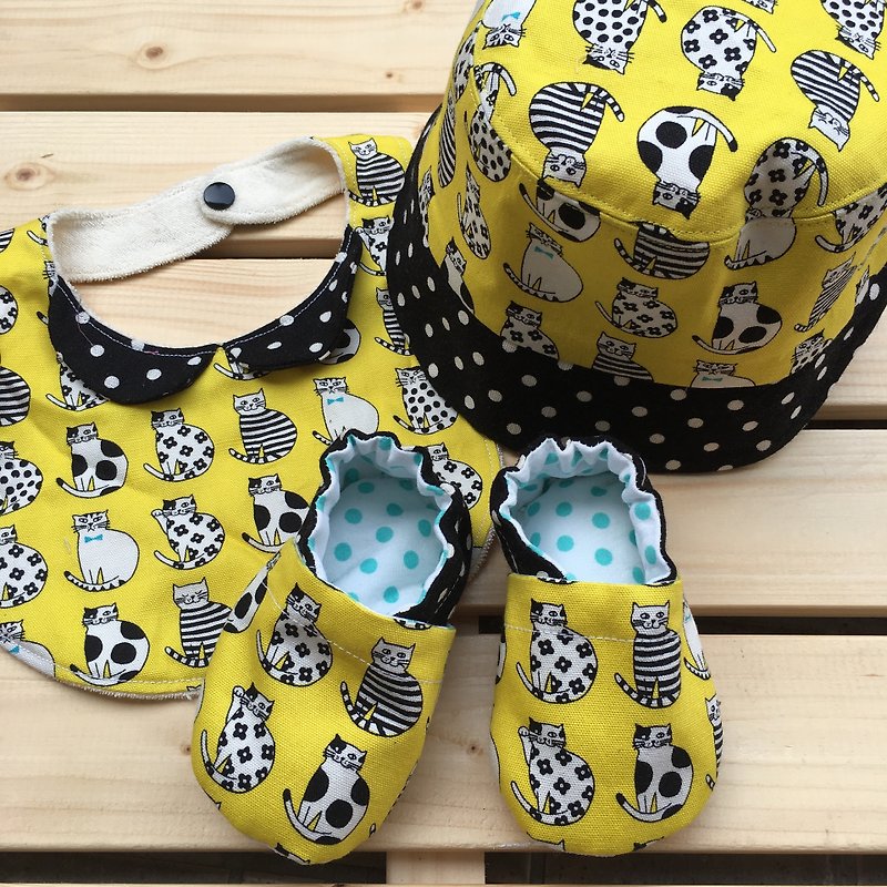 黄色の子猫出産ギフトセット - ビブ+帽子+靴 - 出産祝い用贈物 - コットン・麻 イエロー