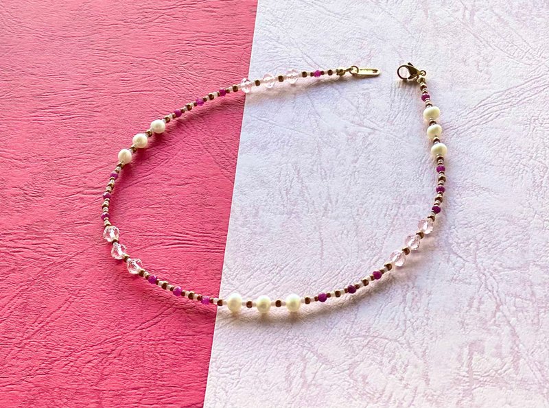 Romantic Pink  ルビーとグラスビーズのショートネックレス - 項鍊 - 寶石 粉紅色