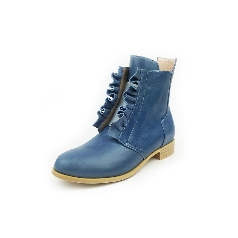 The Deep - sea anemones - Sky Blue  Leather Handmade *Boots* - รองเท้าบูทสั้นผู้หญิง - หนังแท้ สีนำ้ตาล