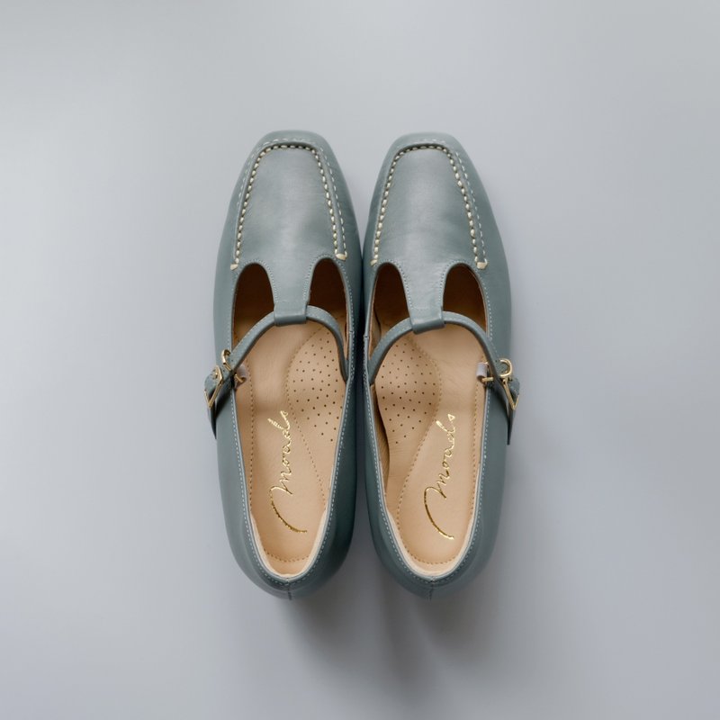 Square Toe Mary Jane | Aquamarine. Wide last cowhide low-heeled shoes Taiwan handmade leather air cushion - High Heels - Genuine Leather Blue