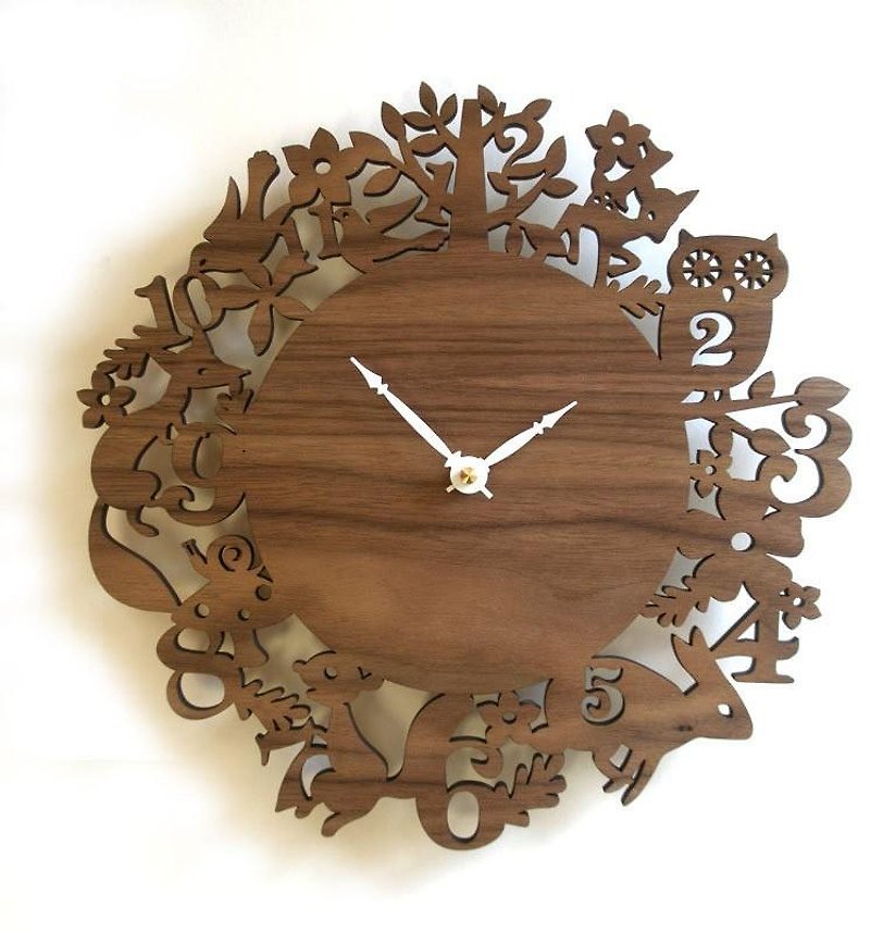 Unique wall clock, Forest Animals, Walnut veneer - Clocks - Wood Brown