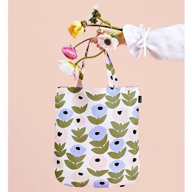 Cotton linen bag (flower spaghetti blue) - กระเป๋าถือ - ผ้าฝ้าย/ผ้าลินิน สีน้ำเงิน