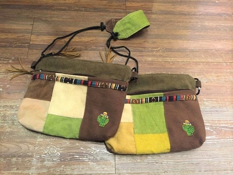 ☼One Line Work embroidery stitching corduroy cactus carry bag ☼ - Messenger Bags & Sling Bags - Cotton & Hemp Multicolor
