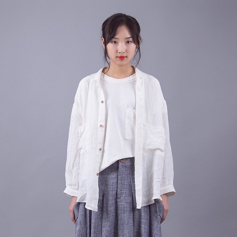 White Sheer Linen Shirt - เสื้อเชิ้ตผู้หญิง - ผ้าฝ้าย/ผ้าลินิน 