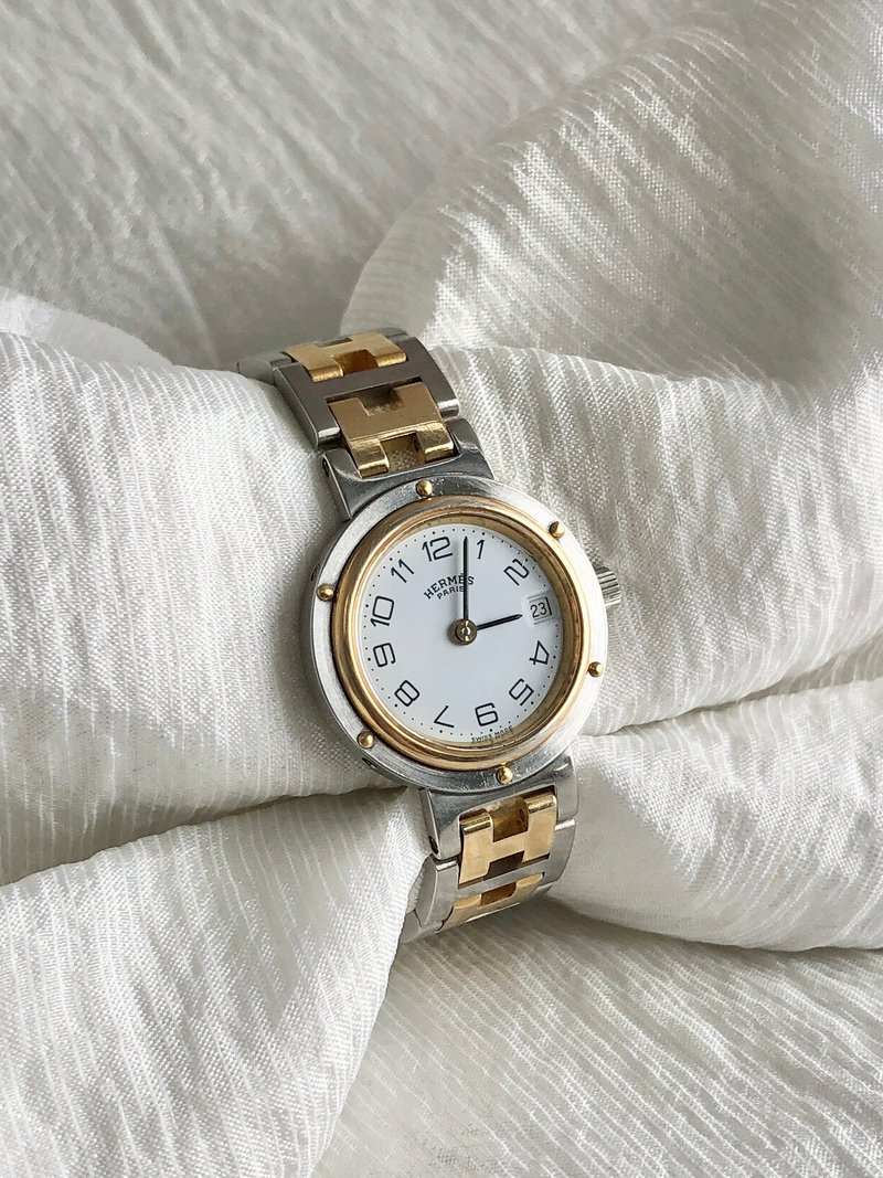 【 日本直送　名牌中古包 】HERMES 腕時計 ゴールド シルバー ステンレススチール クリッパー デイト コンビ Q Z vintage 2dapn5 - 女錶 - 不鏽鋼 銀色