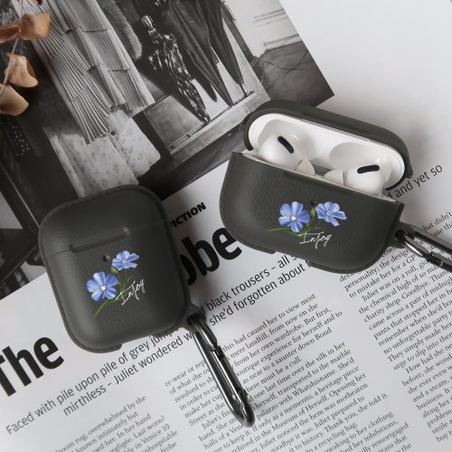 INJOY mall AirPods / AirPods Pro 清新藍色亞麻花 保護套 TPU收納盒 附掛勾