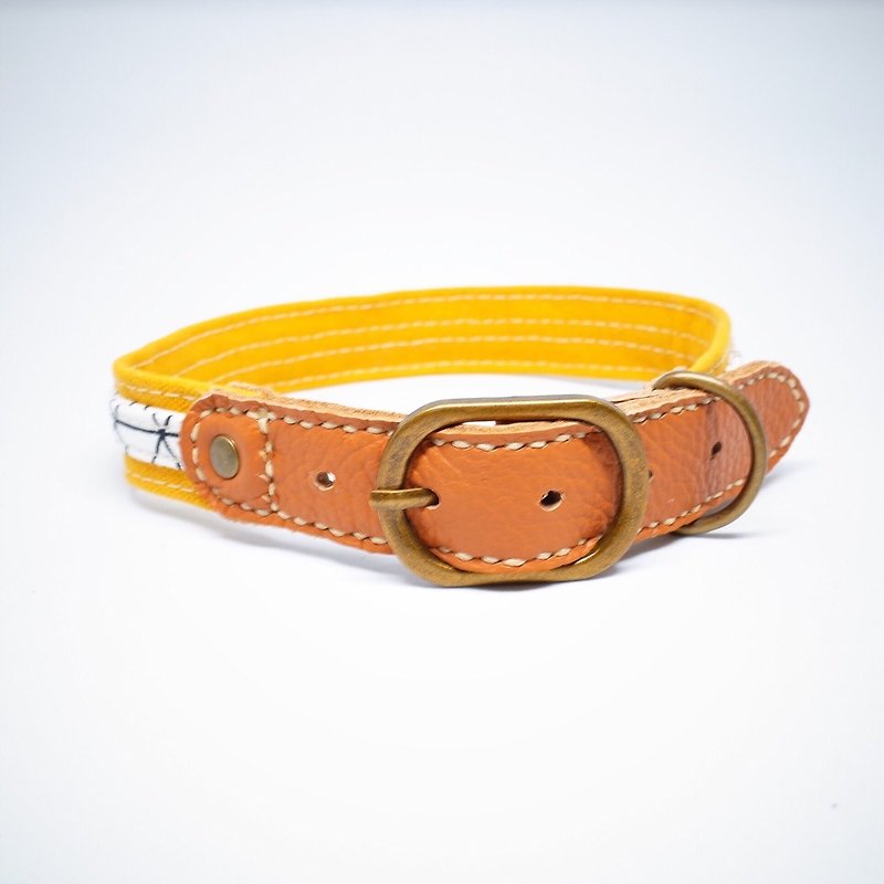Limited brown leather dog handmade XL (lengthened) collar double-sided design cute Korean cloth + canvas leather gift bell dog - ปลอกคอ - ผ้าฝ้าย/ผ้าลินิน สีส้ม