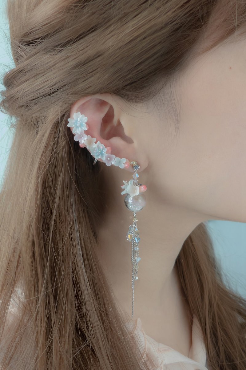 ZODIAC Aries Sakura & Wind Chime 925 Silver Earrings (with a detachable cuff) - ต่างหู - ดินเหนียว สึชมพู
