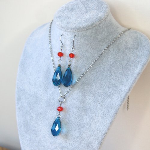 Cyberpunk Jewelry Boutique 藍色淚珠動漫耳環和項鍊嚎叫水晶首飾套裝動漫角色扮演