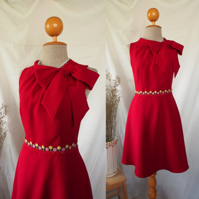 Belle dress- Red wedding dress Chinese new year party dress big bow dress - 洋裝/連身裙 - 聚酯纖維 紅色