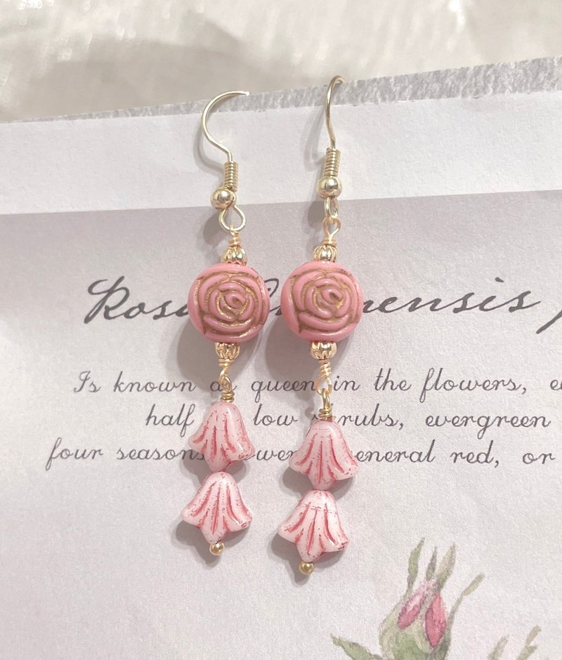 Imported Czech beads three-dimensional roses/with pink tulip flowers/14K color-preserving earrings - Earrings & Clip-ons - Other Metals 