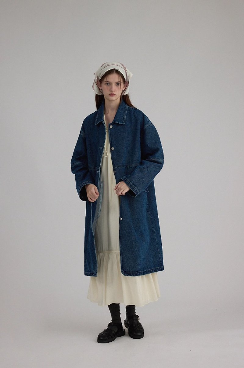 Japanese retro washed mid-length denim windbreaker jacket - เสื้อแจ็คเก็ต - วัสดุอื่นๆ สีน้ำเงิน
