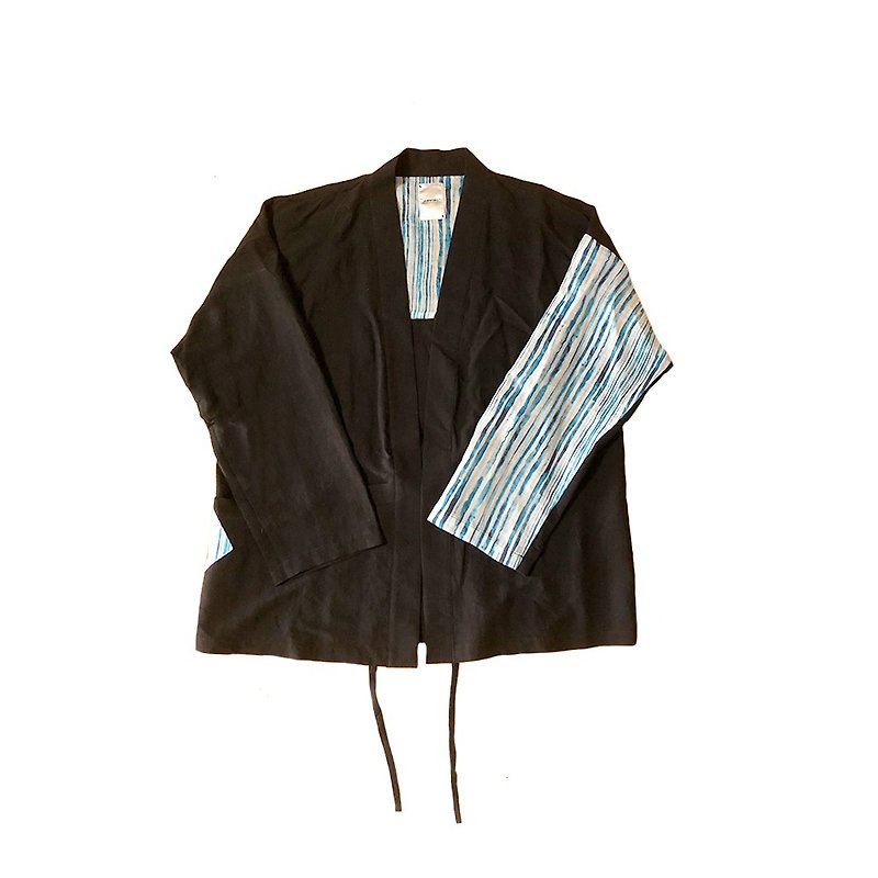 JANWONG cotton Linen robes Japanese kimono splice sleeve cardigan jacket sun protection clothing KIMONO robes - Men's Coats & Jackets - Cotton & Hemp Black
