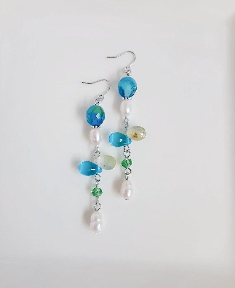 Elegant freshwater pearls swaying Plump teardrop beads and Czech beads dangling long earrings Blue green Gift Can be changed to allergy-friendly earrings or Clip-On - Earrings & Clip-ons - Glass Blue