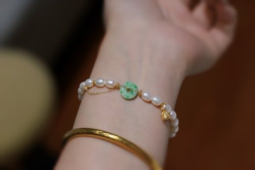 Sri Yantra 天然珍珠手鏈搭配A貨翡翠平安扣古法銀蓮花 好運連連 母親節禮物