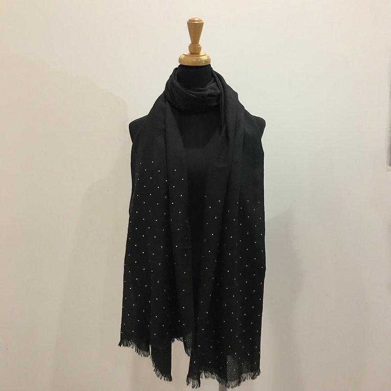 [Limited] [Cashmere Handmade Rhinestone Shawl/Scarf] Crystal Diamond Black North India Kashmir - ผ้าพันคอถัก - ขนแกะ สีดำ