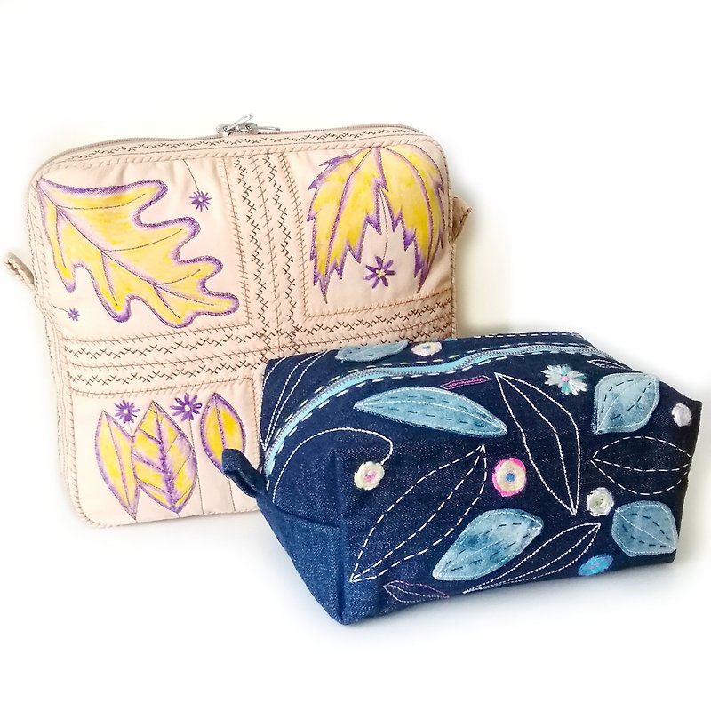 Handmade Hand Embroidered Large Cosmetic Bags: Unique Denim Pouches with Zipper. - Toiletry Bags & Pouches - Cotton & Hemp 