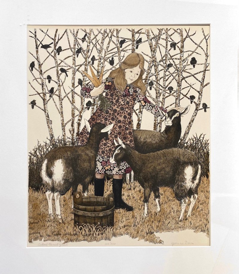 藝術家Yvonne Davis - 女孩與羊 - Etching - 版畫 - 海報/掛畫/掛布 - 紙 咖啡色