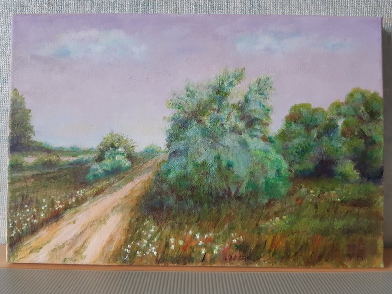 Oil paintig, Ukraine landscape, road in the steppe, field olive tree - อื่นๆ - วัสดุอื่นๆ สีเขียว