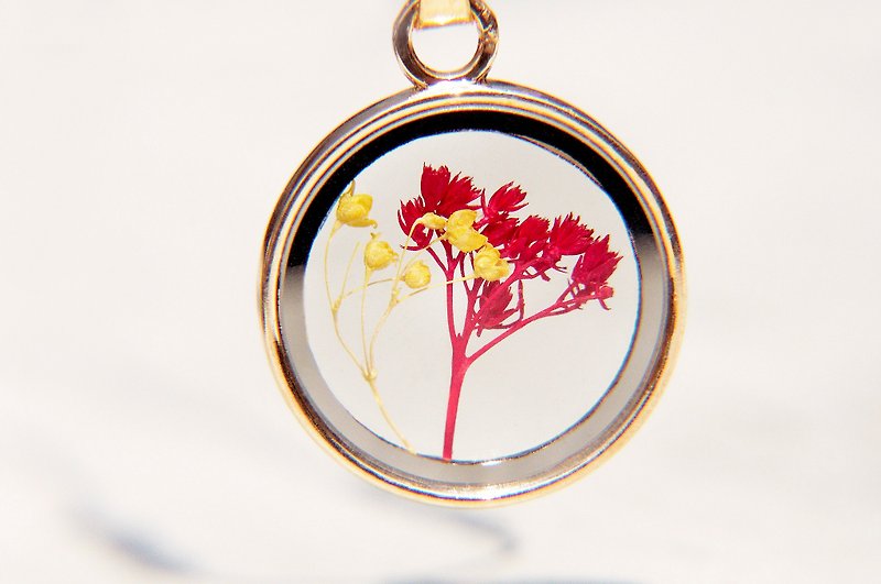 Glass Necklaces Multicolor - Mother's day gift / forest girl / French transparent double-sided glass dry flower necklace-red flowers + yellow gypsophila