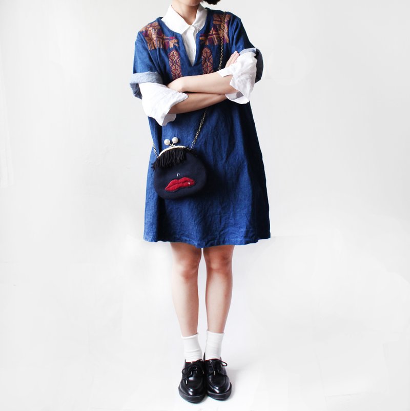 4.5studio- geocaching embroidery vintage denim dress A- - ชุดเดรส - ผ้าฝ้าย/ผ้าลินิน สีน้ำเงิน