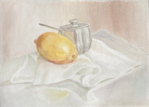 Alisa-Art Sugar bowl and lemon still life original watercolour painting