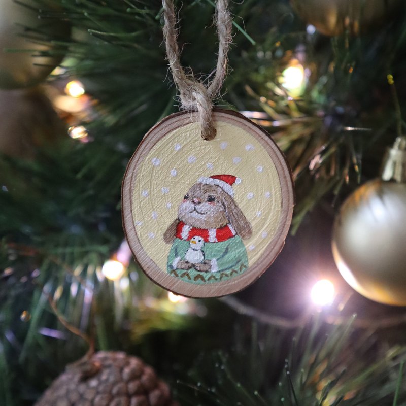 Hand-painted Christmas log hanging ornament [yellow bunny style] - Charms - Wood Yellow