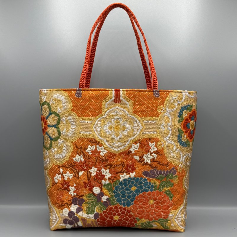着物 帯 帯締め ハンドメイド トートバッグ リメイク オレンジ 佐賀錦 格天井花籠文 - 手提包/手提袋 - 絲．絹 橘色