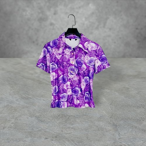蘿綺莉蕾芭索 二手 鮮紫色 玫瑰 印花 輕薄 彈性 上排釦 短袖 上衣 PF511