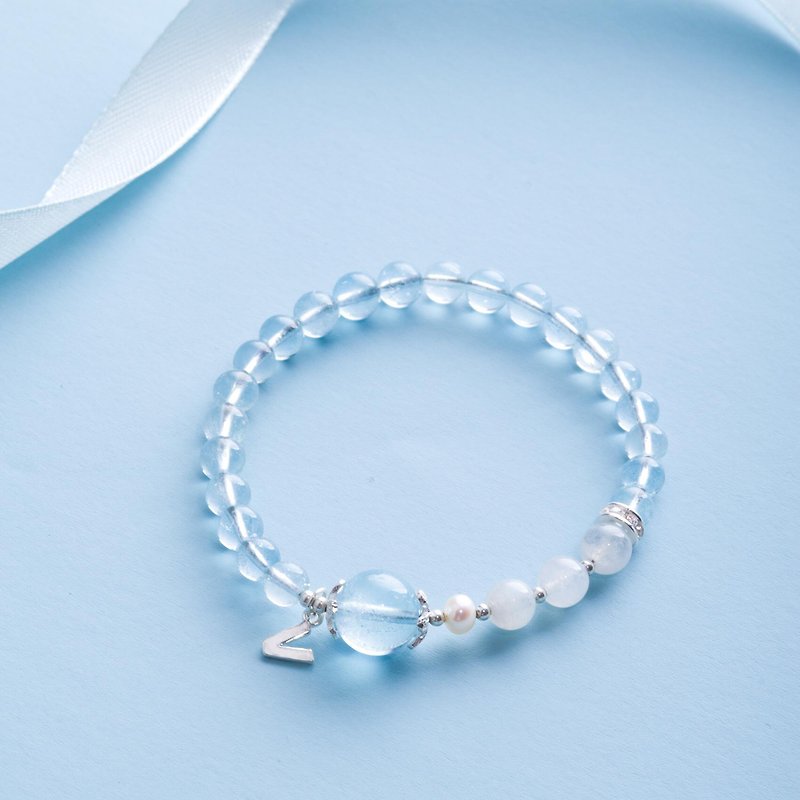 Aquamarine, Moonstone, Pearl, 925 Sterling Silver Gemstone Crystal Bracelet - สร้อยข้อมือ - คริสตัล สีน้ำเงิน