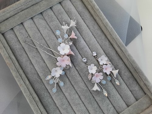 Elegant Bridal White opal pink hair pin, Bridal flower rose, Bride floral wedding