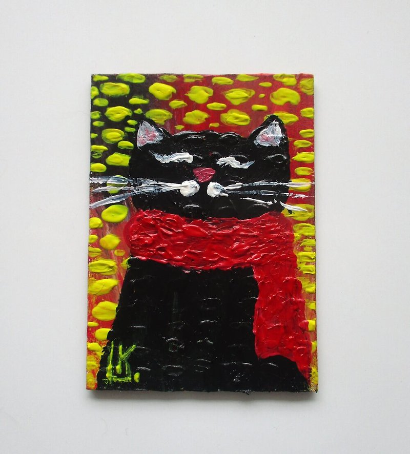 Original Painting Fluffy Black Cat ACEO Art Cat Lovers Art Collectible - 壁貼/牆壁裝飾 - 其他材質 多色