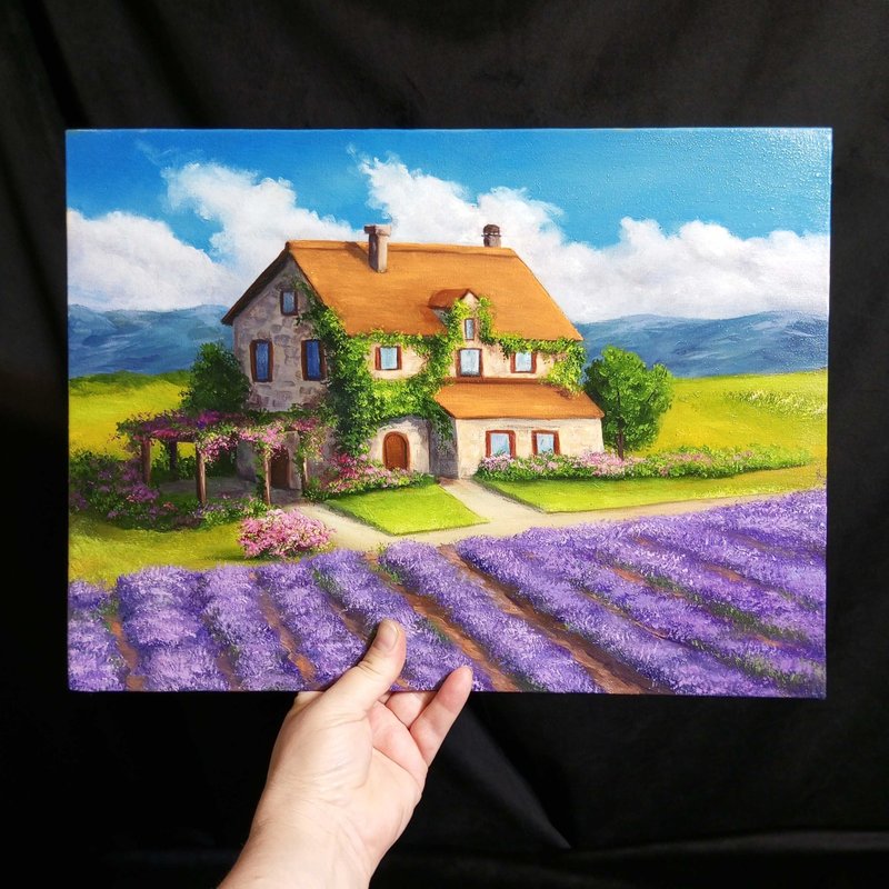 Provence. Oil painting, canvas on cardboard 30x40. 普罗旺斯的风景。 薰衣草田 - Posters - Cotton & Hemp Purple