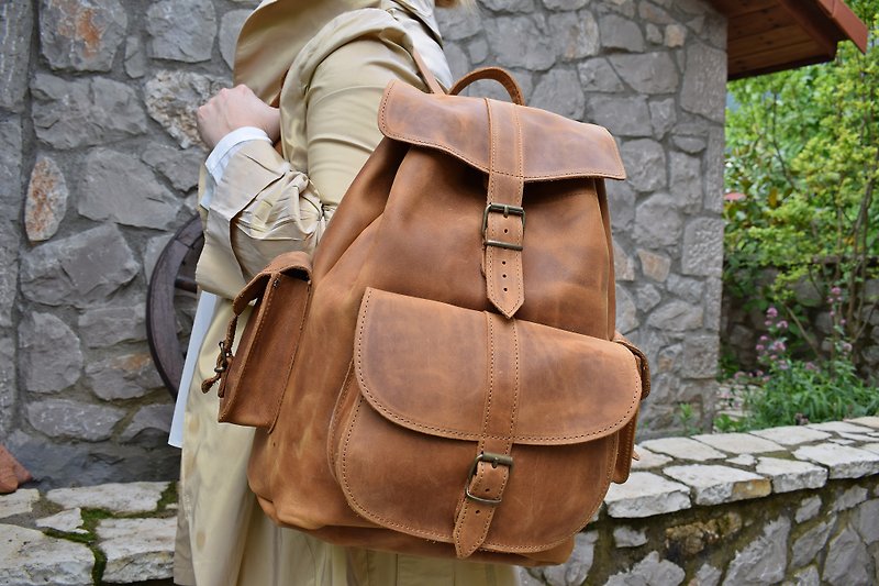 Mens Leather Backpack, Extra Large College Backpack, Handmade Waxed Leather Bag - Backpacks - Genuine Leather Brown