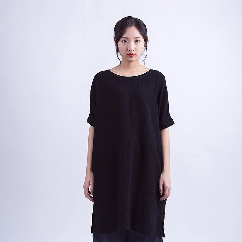 Black sand-washed cotton half-sleeved shirt - Women's Tops - Cotton & Hemp 