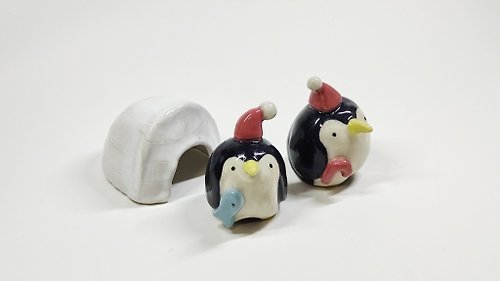 夕忻陶坊 【聖誕系列】聖誕拐杖企鵝 手捏陶偶/戒指架