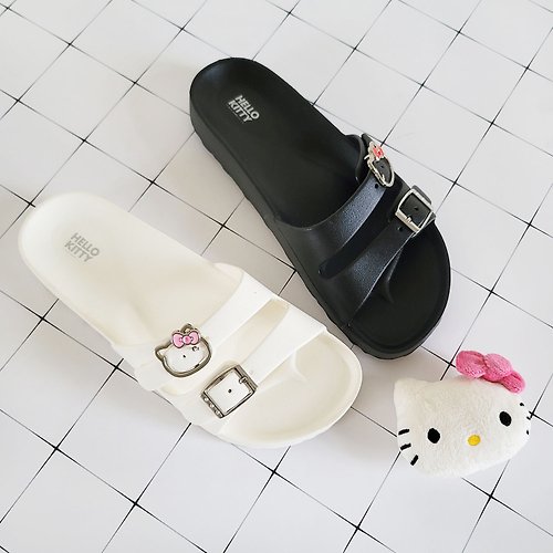 BoingBoing故事鞋與童畫包 Hello Kitty大頭金屬釦 輕量防水兩版拖鞋-白色/黑色女鞋