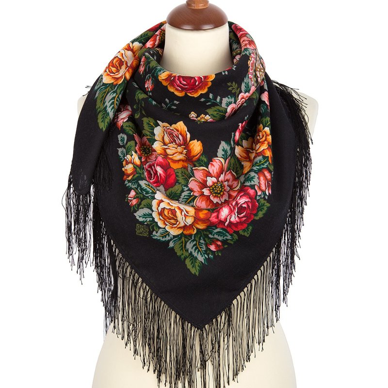 Authentic Pavlovo Posad Russian Shawl Scarf Soft 100% Wool 89x89 cm 1825-18 - 絲巾 - 羊毛 黑色