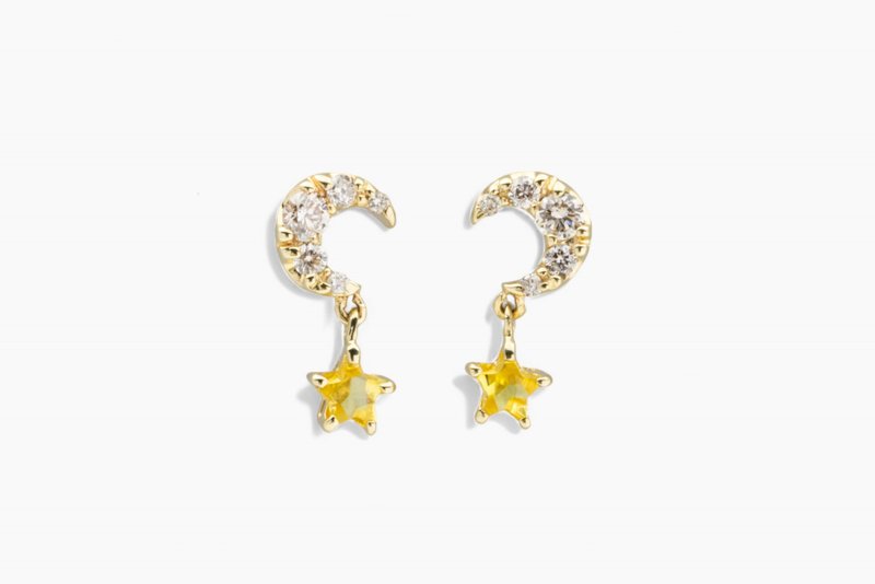 K10 Yellow Sapphire Star Cut Diamond Earrings - ต่างหู - เครื่องเพชรพลอย สีเหลือง