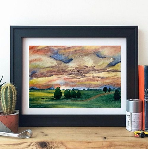 OsipovArtStudio Original Watercolor Landscape Green Field Art Sunset Sunrise Landscape