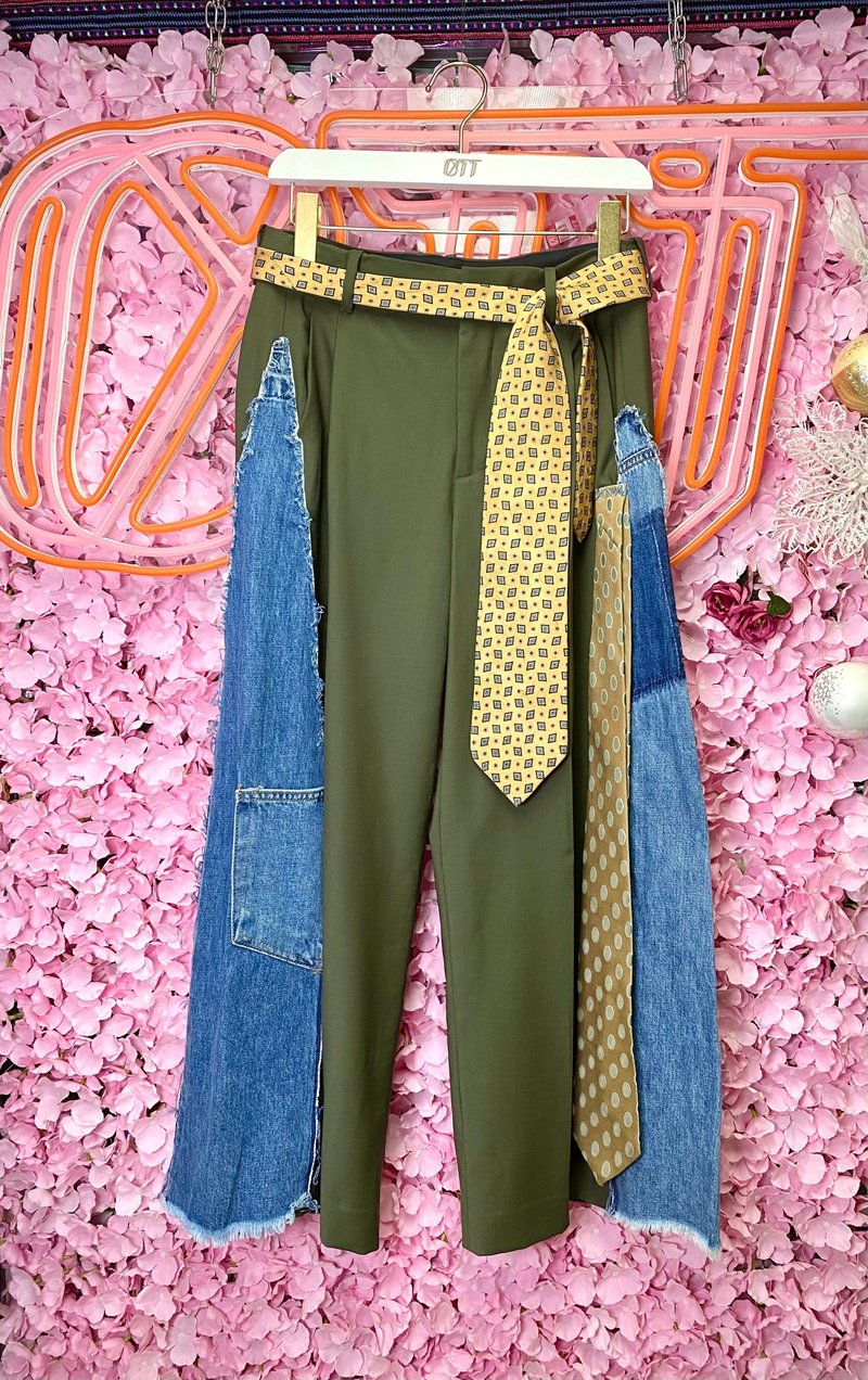 OTT Unique•Unique Japanese washed denim with army green cloth collar and belt wide trousers - กางเกงขายาว - ผ้าฝ้าย/ผ้าลินิน สีเขียว