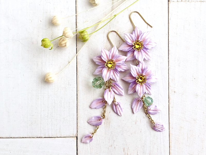Asymmetric as longing for clematis - Earrings & Clip-ons - Clay Purple